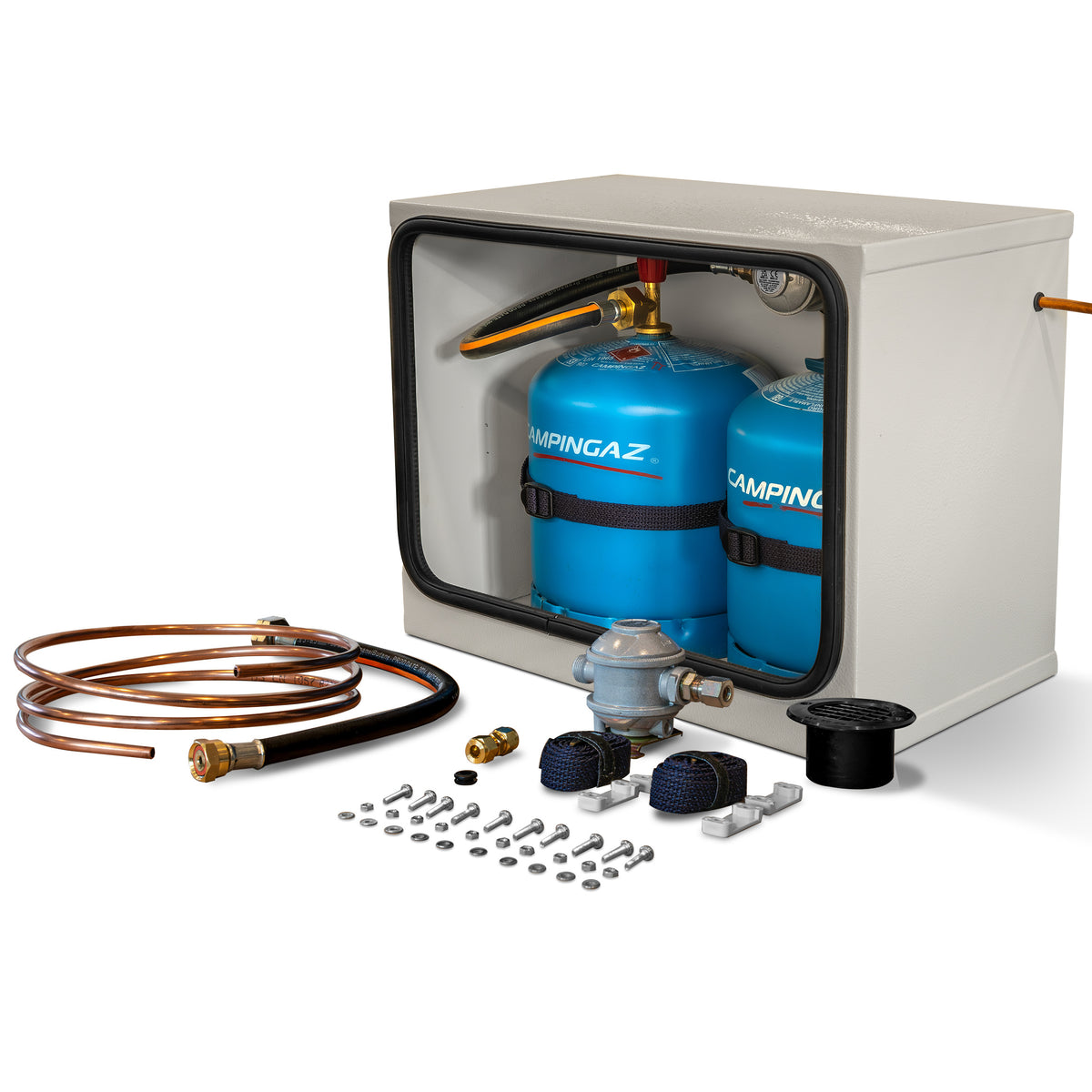 DOUBLE 904 907 CAMPING GAZ STEEL GAS LOCKER KIT WITH BULKHEAD REGULATOR (GREY)