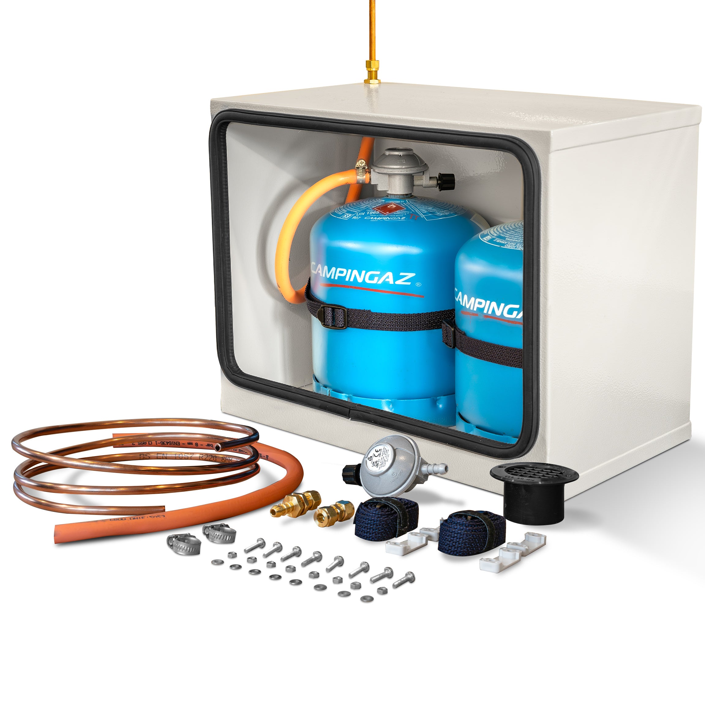 DOUBLE 904 907 CAMPING GAZ STEEL GAS LOCKER KIT WITH CAMPING GAS REGULATOR (GREY)