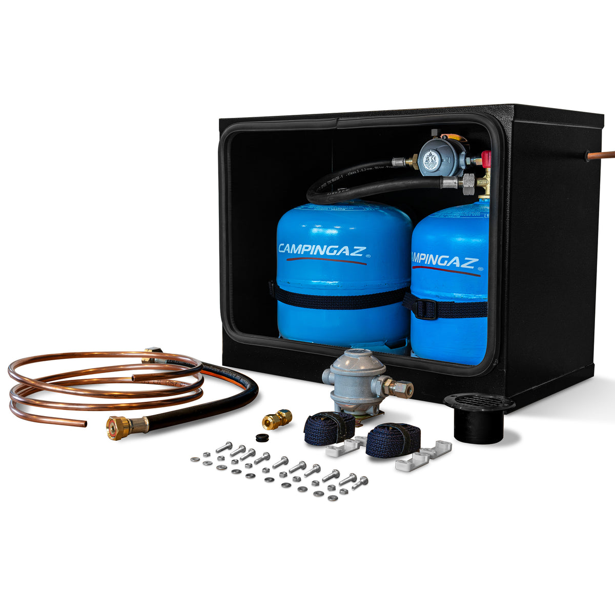 DOUBLE 904 907 CAMPING GAZ STEEL GAS LOCKER KIT WITH BULKHEAD REGULATOR (BLACK)