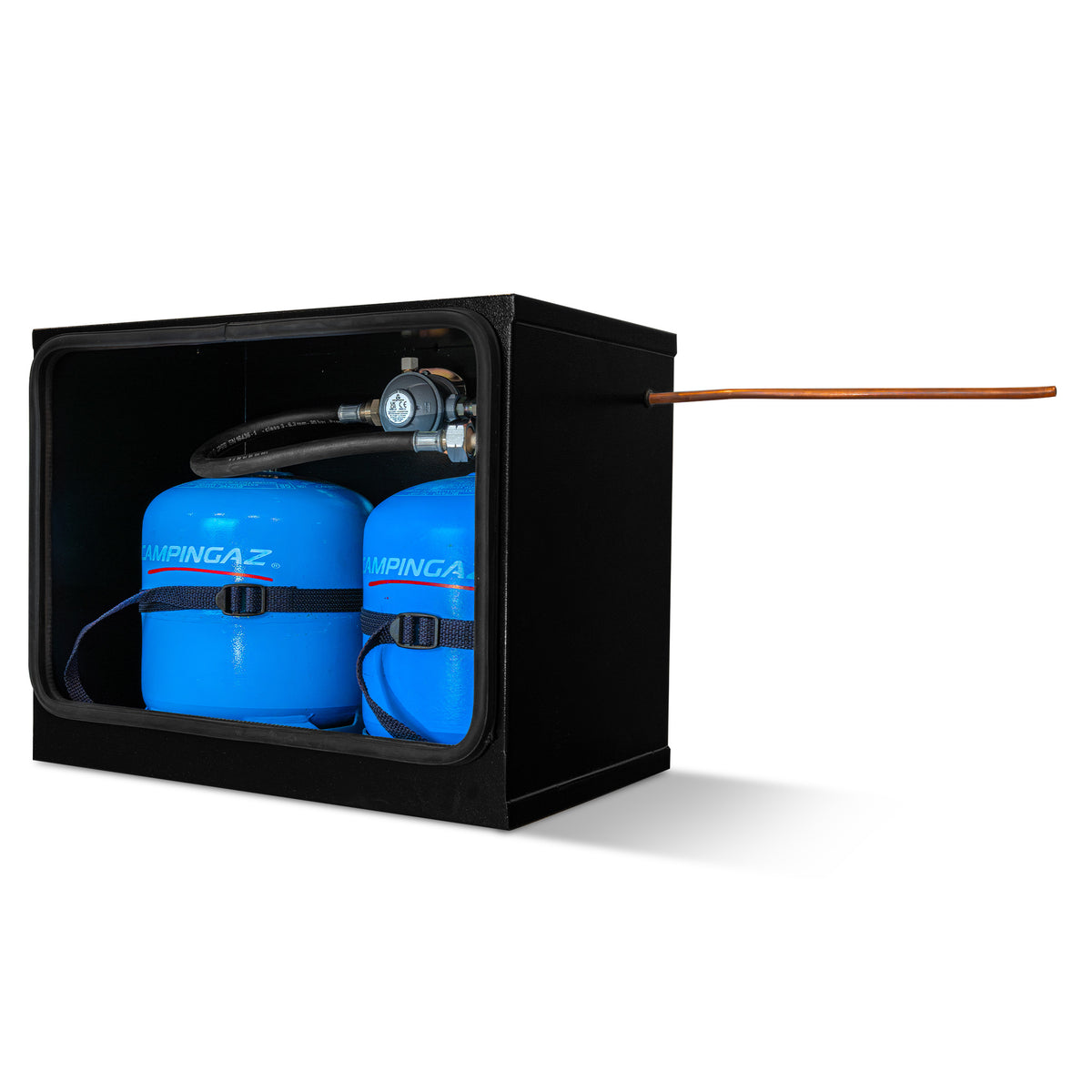 DOUBLE 904 907 CAMPING GAZ STEEL GAS LOCKER KIT WITH BULKHEAD REGULATOR (BLACK)